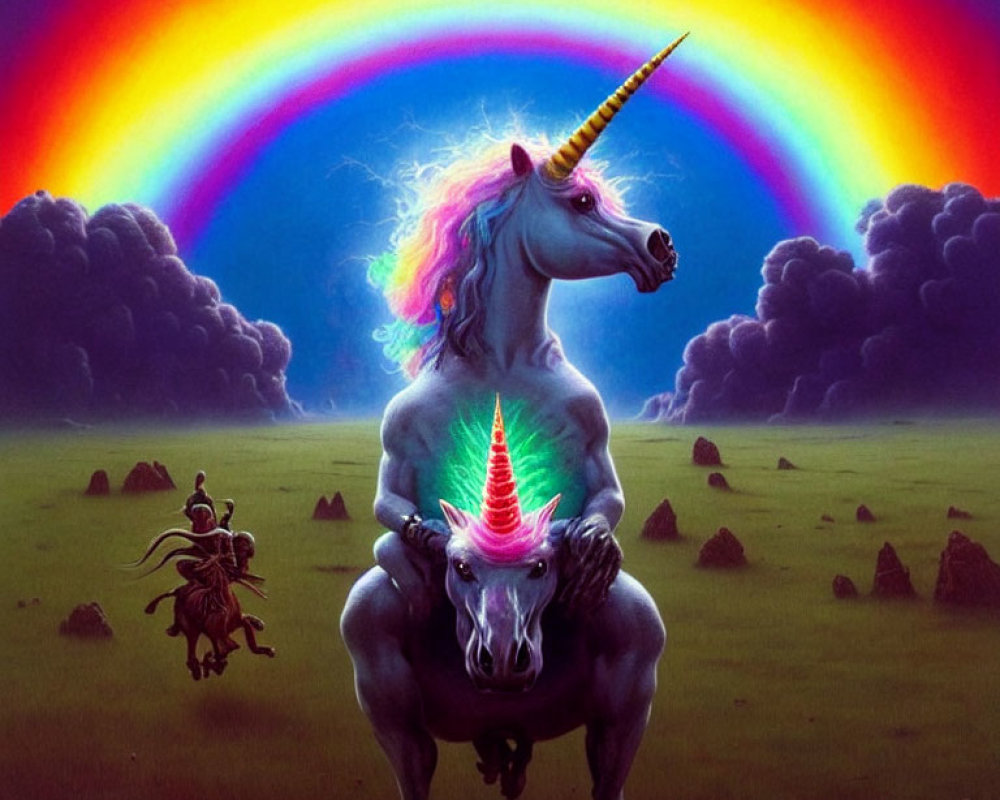 Mythical unicorn and knight scene in meadow with rainbow and moody sky