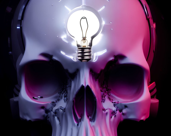 Digital artwork: Light bulb in pink skull halves on dark background