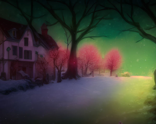 Snow-covered street with house, bare trees, and glowing pink and green lights at dusk