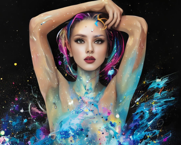 Woman adorned with paint splashes against cosmic backdrop