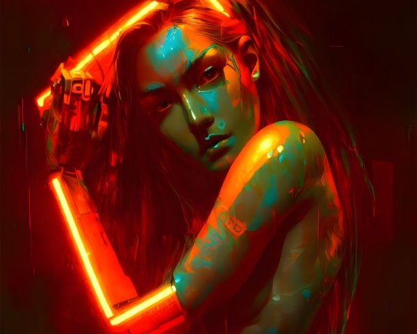 Futuristic woman with neon body paint holding luminescent rod in red and orange setting