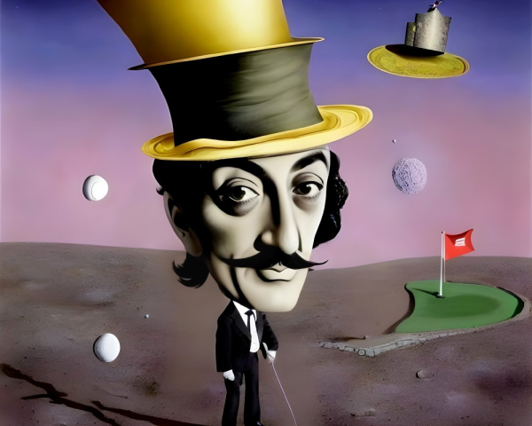 Surreal illustration of gentleman with top hat on lunar landscape