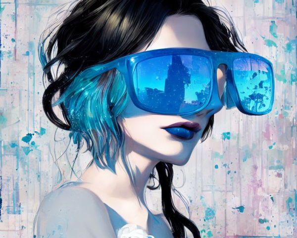 Stylized portrait of woman with blue hair and sunglasses against blue splatter backdrop
