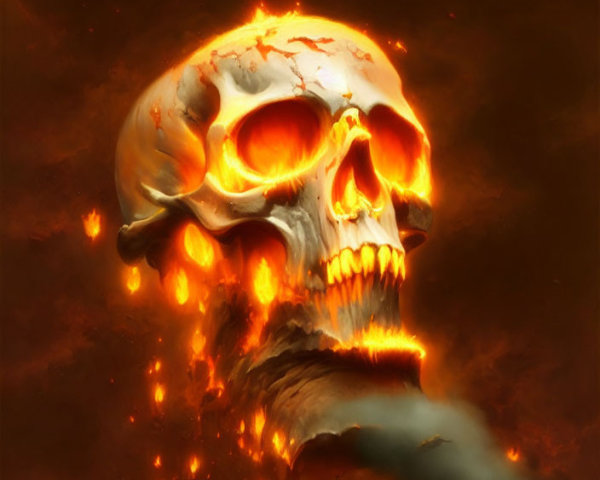 Menacing fiery skull with cracks on smoldering backdrop