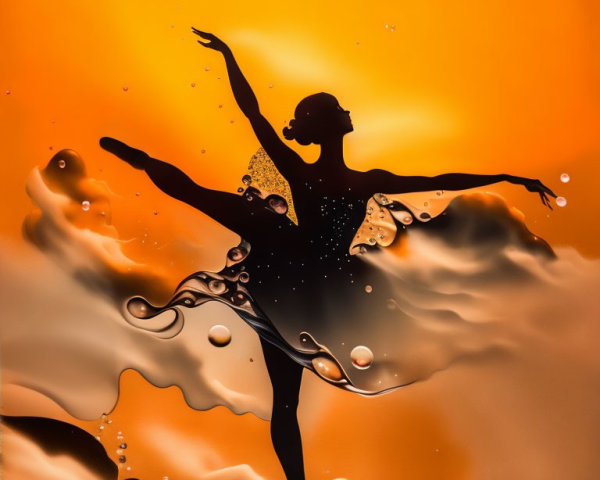Ballet dancer silhouette with liquid splash on vibrant orange background