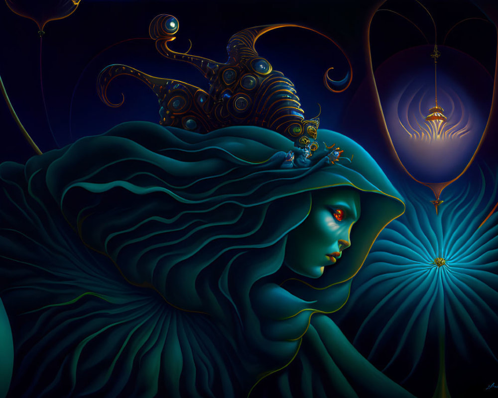 Surreal Artwork: Blue-skinned woman with mechanical headdress on dark background