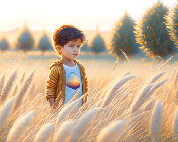 Child in space-themed shirt at sunset in golden field