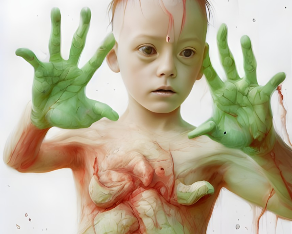 Child with Green Hands and Paint Splatters on White Background
