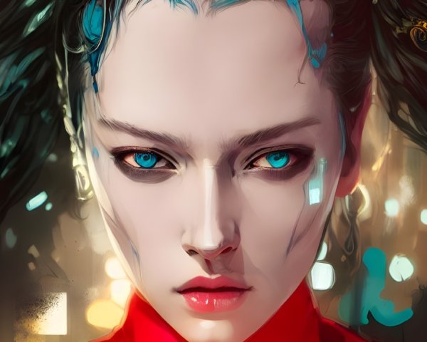 Digital artwork featuring person with blue eyes and cybernetic head enhancements against warm lights