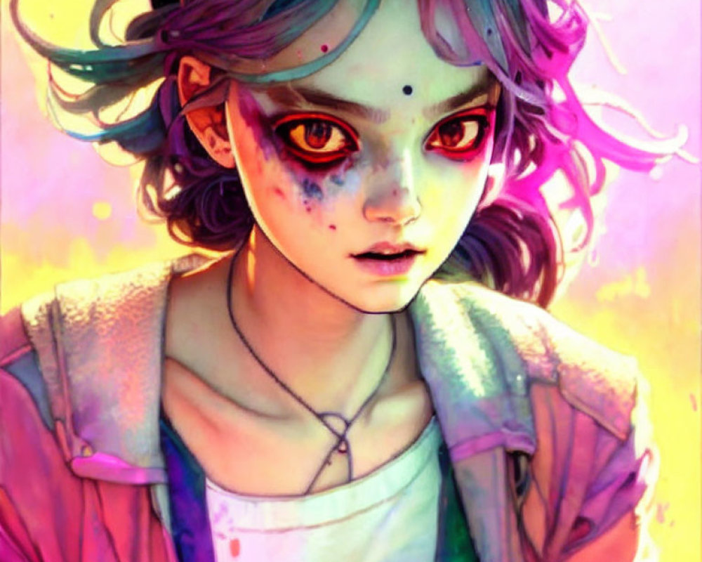 Anime-style illustration of a girl with purple hair and red eyes in colorful, ethereal setting
