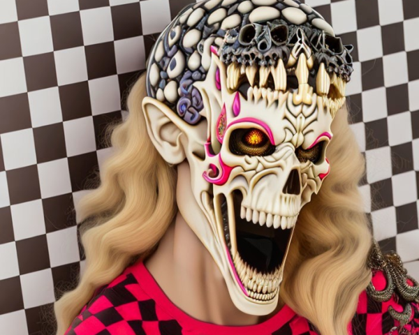 Skull mask with golden teeth and blond hair on checkered background