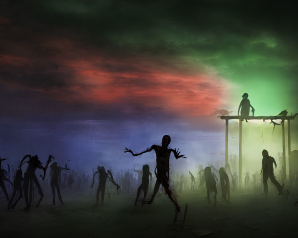 Post-apocalyptic scene with silhouetted zombies under dark sky - lone figure on platform