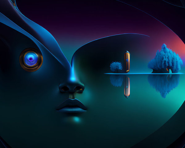Surreal artwork: Woman's face merges with nighttime landscape