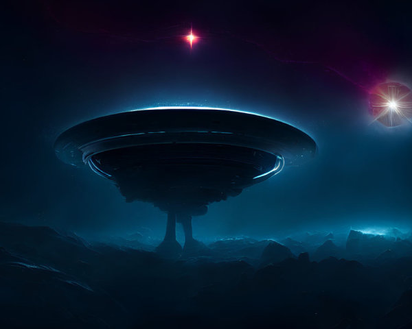 Giant alien spaceship over rocky terrain at night