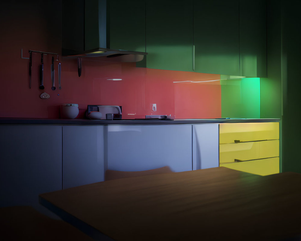 Colorful Gradient Kitchen Cabinets in Dim Lighting