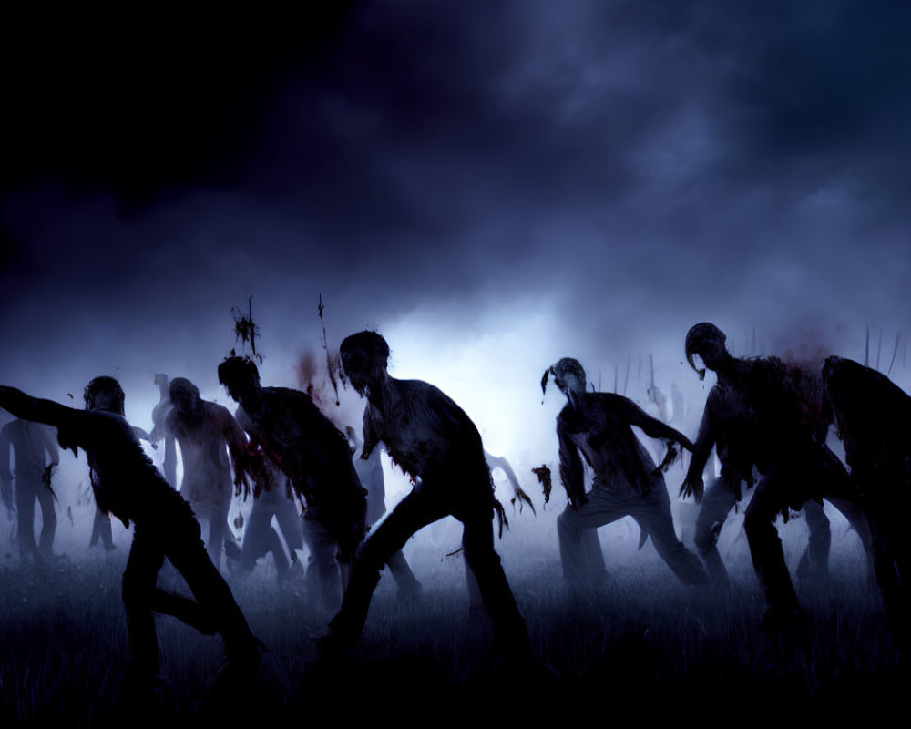 Menacing zombie silhouettes under dark sky