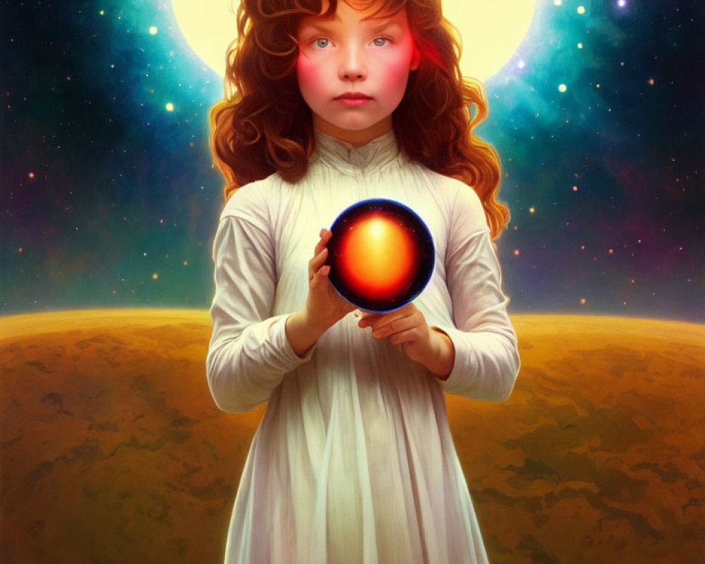 Curly-haired girl holding glowing orb against celestial backdrop