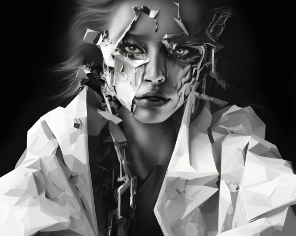 Monochromatic digital artwork: Woman with fractured, geometric surface