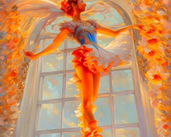 Graceful ballerina in orange tutu dances among autumn leaves in warmly lit room