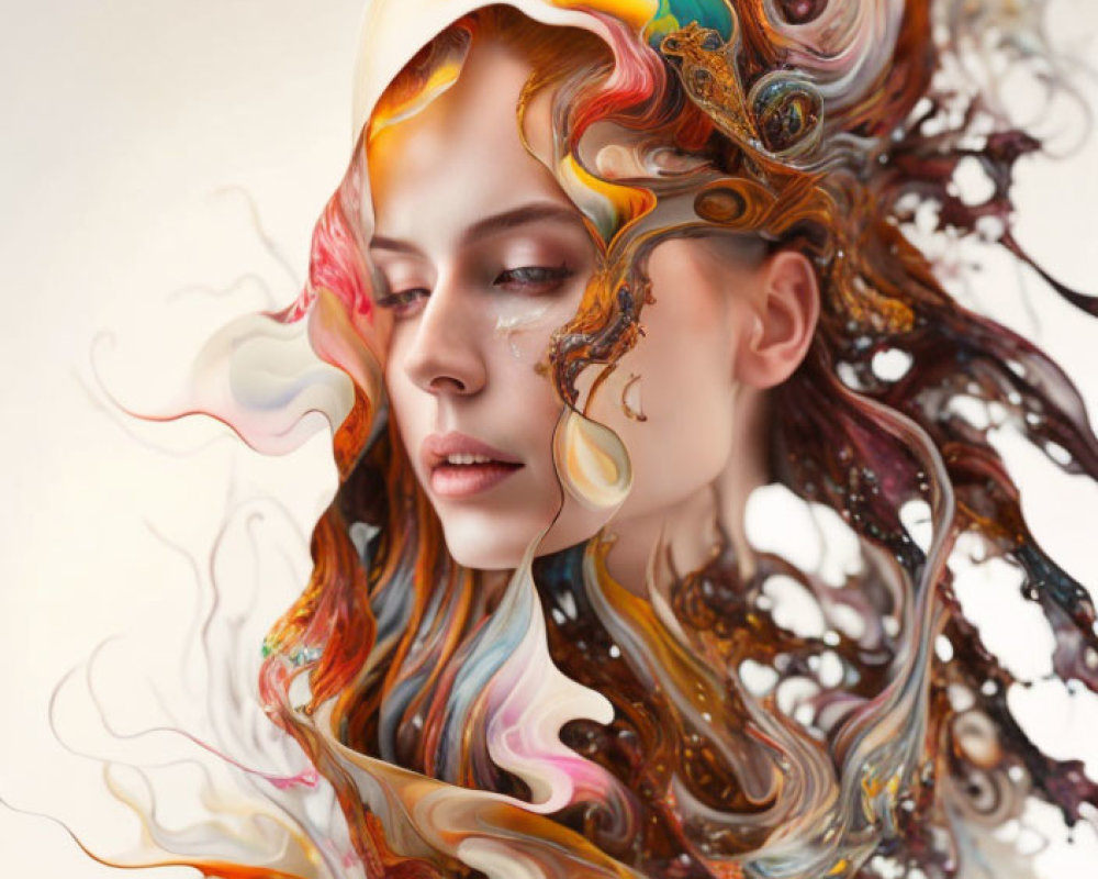 Colorful Abstract Portrait of Woman with Flowing Hair