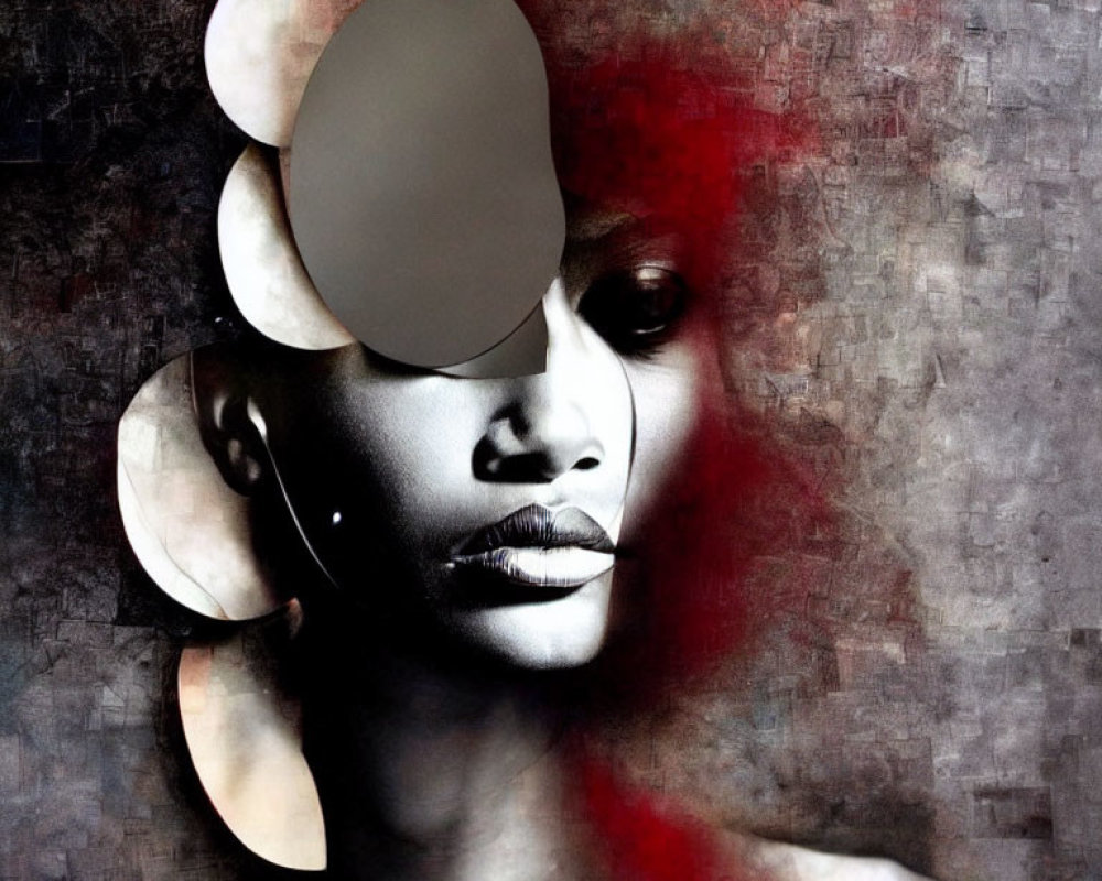Monochromatic artistic portrait of a woman with abstract elements and red splash