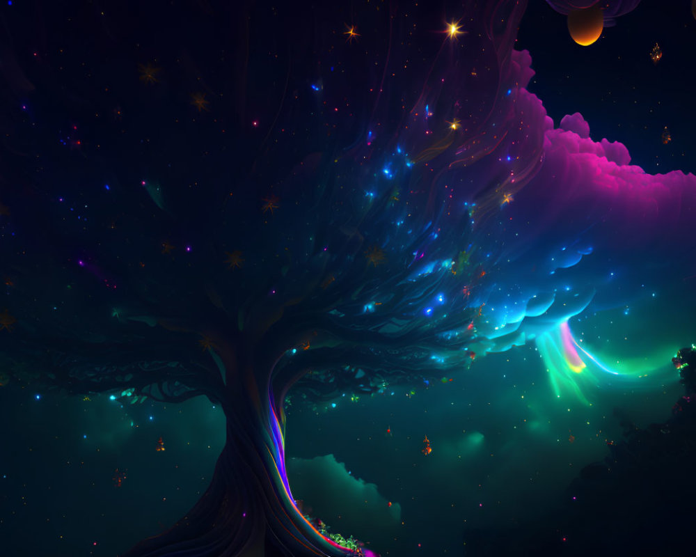 Colorful cosmic tree against starry space backdrop with orbs and aurora lights