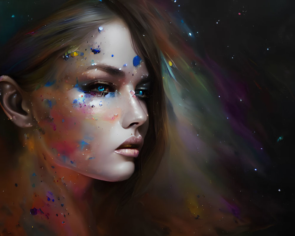 Cosmic-themed makeup digital portrait with starry background.