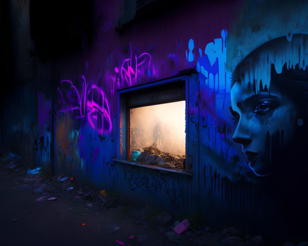 Colorful street art mural of woman portrait and abstract graffiti on dark wall.