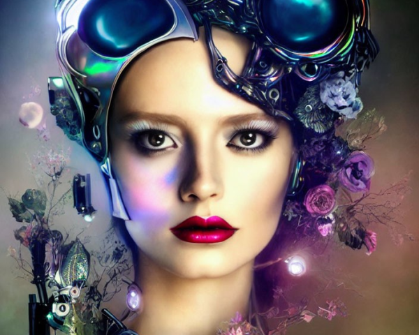 Surreal portrait of woman with futuristic floral cybernetic helmet