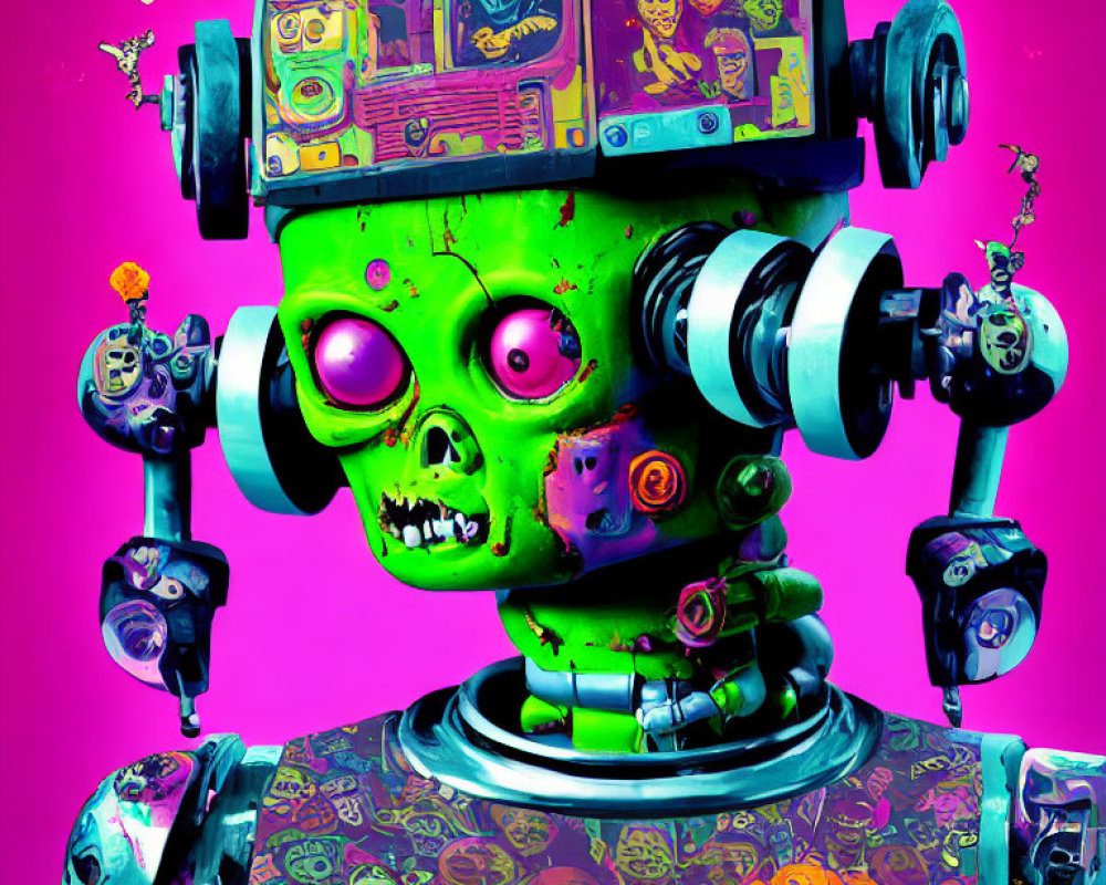 Colorful Whimsical Robot with Green Skull Face and Stickers on Pink Background