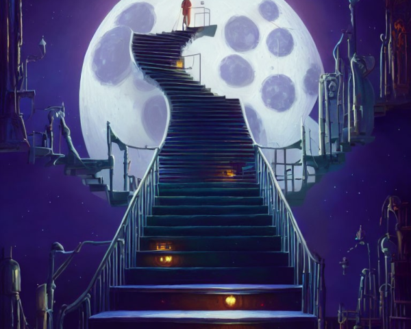 Person on Spiraling Staircase Under Huge Moon and Starry Night Sky