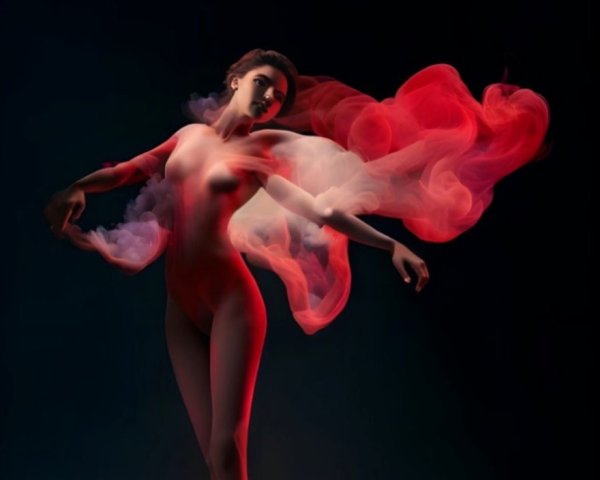 Dynamic Pose Surrounded by Red and White Smoke on Dark Background