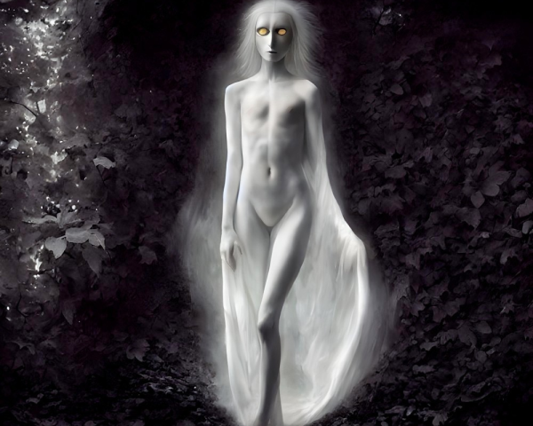 Ethereal figure with glowing eyes in dark forest