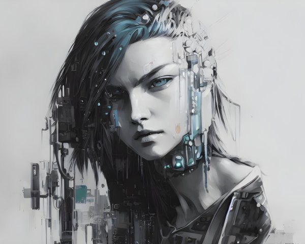 Female cyborg digital art portrait with blue-highlighted dark hair and futuristic headset on monochrome backdrop