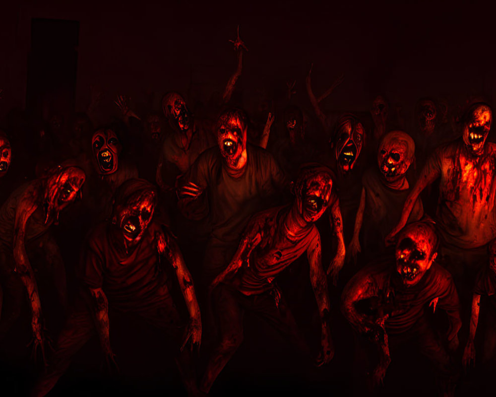 Menacing zombies with eerie glowing eyes under blood-red light