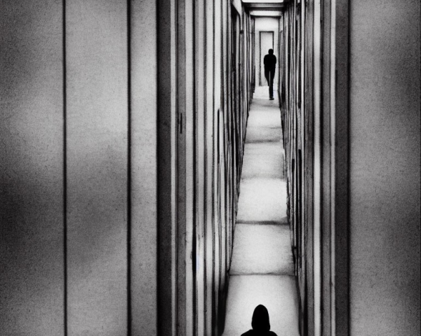 Monochrome photo of person walking in symmetrical corridor