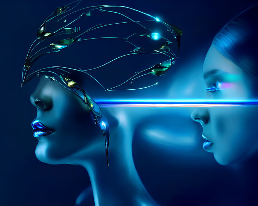 Futuristic art: Two female figures with reflective skin and circuit-like headpiece.