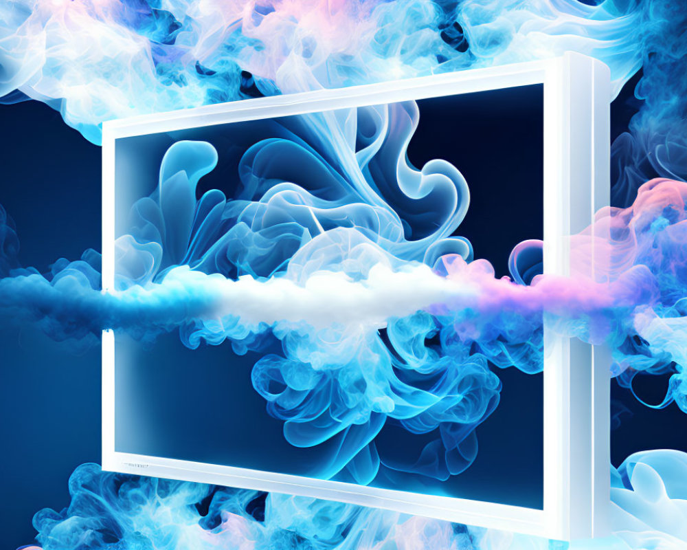 Abstract white frame with blue and white smoke on dark backdrop