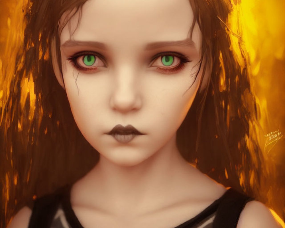 Young girl with green eyes and mystical symbols on fiery backdrop