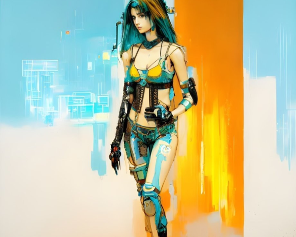 Female Cyborg with Blue Hair and Cybernetic Limbs in Futuristic Attire on Abstract Orange