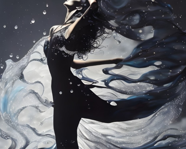 Ethereal artwork of a woman in flowing black dress against cosmic backdrop.