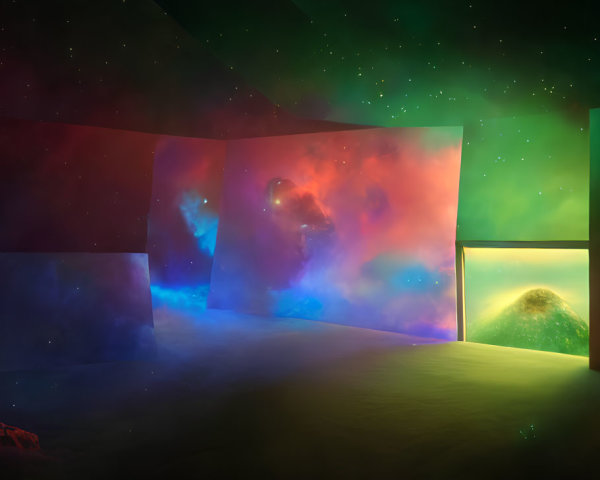 Surreal room with starry space nebula walls and celestial view
