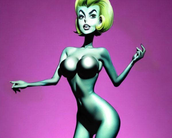 Stylized blonde-haired female character with green skin in pink background pose