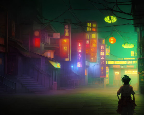 Solitary figure in neon-lit alley with traditional architecture at night