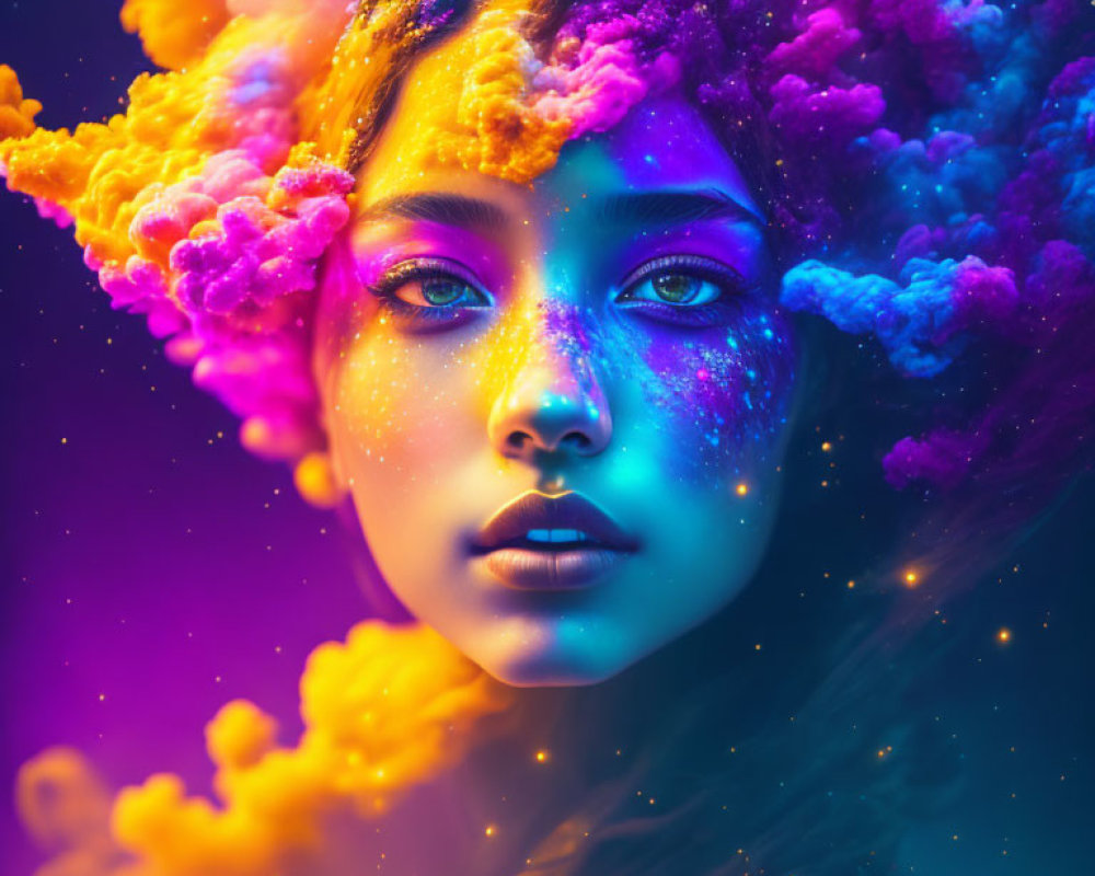 Colorful clouds surround woman in vibrant hues of purple, blue, and yellow
