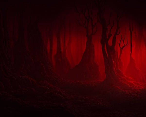 Eerie dark forest with bare trees and glowing red backdrop