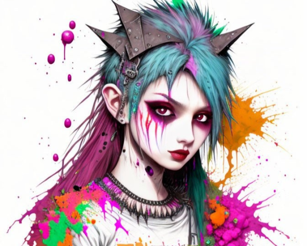 Colorful digital artwork: punk-style character with teal hair, pink face paint, spiked collar