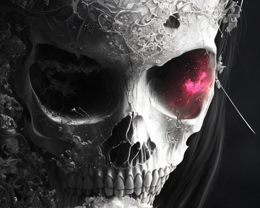 Monochrome skull with intricate designs and glowing red eye on dark background
