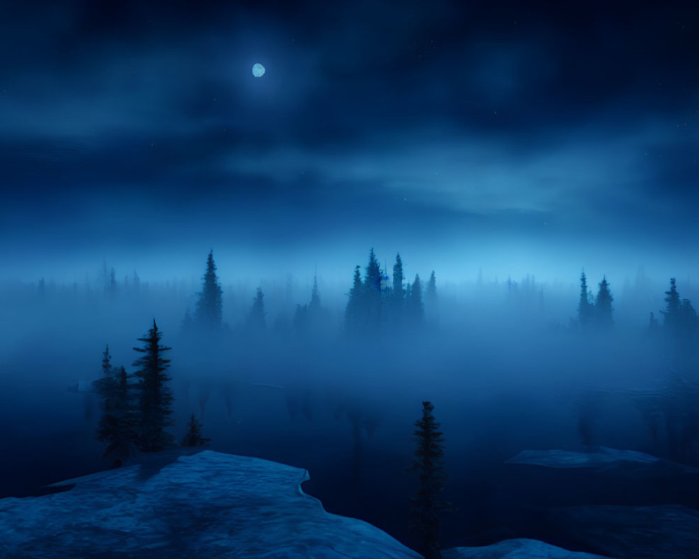 Misty forest nighttime landscape under starry sky