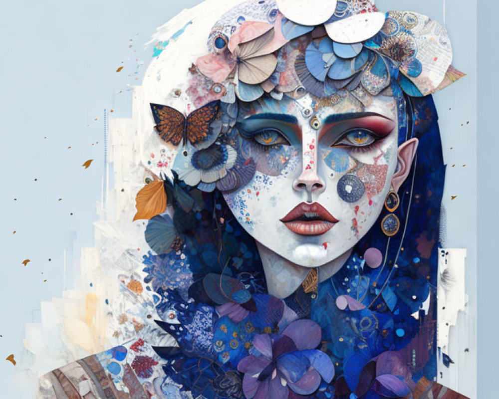 Digital Artwork: Woman with Butterfly, Flower, and Geometric Collage in Blue Hues